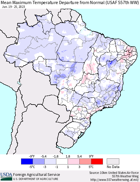 Brazil Mean Maximum Temperature Departure from Normal (USAF 557th WW) Thematic Map For 6/19/2023 - 6/25/2023