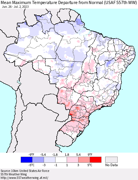 Brazil Mean Maximum Temperature Departure from Normal (USAF 557th WW) Thematic Map For 6/26/2023 - 7/2/2023