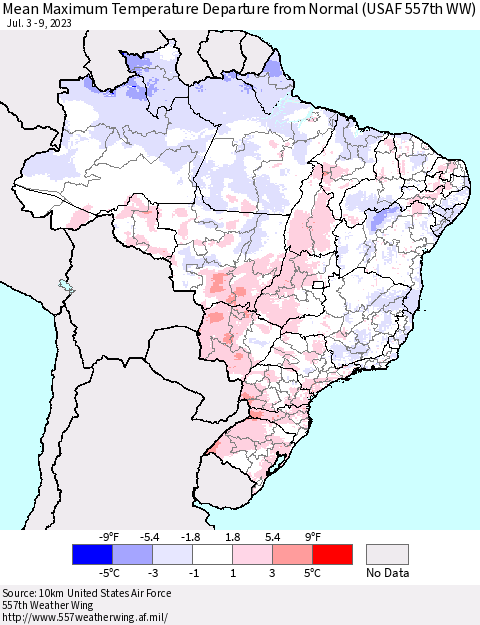 Brazil Mean Maximum Temperature Departure from Normal (USAF 557th WW) Thematic Map For 7/3/2023 - 7/9/2023
