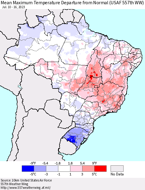 Brazil Mean Maximum Temperature Departure from Normal (USAF 557th WW) Thematic Map For 7/10/2023 - 7/16/2023
