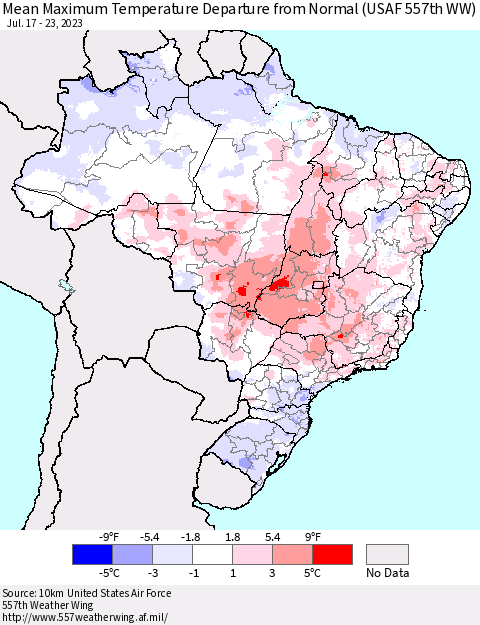 Brazil Mean Maximum Temperature Departure from Normal (USAF 557th WW) Thematic Map For 7/17/2023 - 7/23/2023