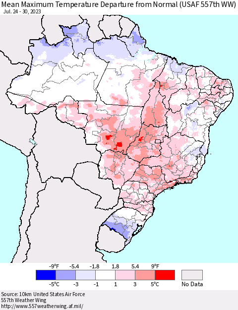 Brazil Mean Maximum Temperature Departure from Normal (USAF 557th WW) Thematic Map For 7/24/2023 - 7/30/2023