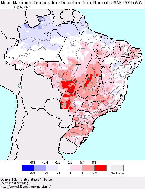 Brazil Mean Maximum Temperature Departure from Normal (USAF 557th WW) Thematic Map For 7/31/2023 - 8/6/2023