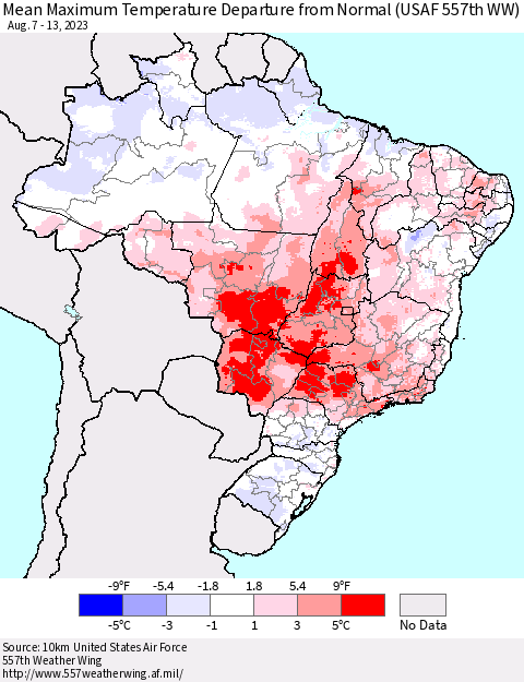 Brazil Mean Maximum Temperature Departure from Normal (USAF 557th WW) Thematic Map For 8/7/2023 - 8/13/2023
