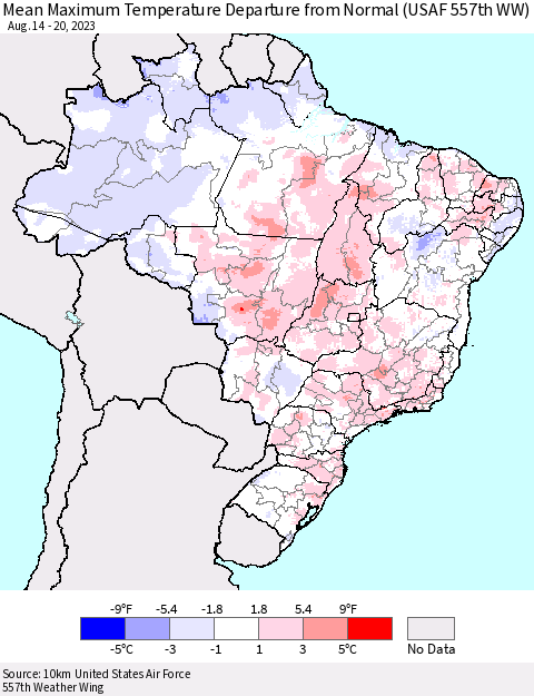 Brazil Mean Maximum Temperature Departure from Normal (USAF 557th WW) Thematic Map For 8/14/2023 - 8/20/2023