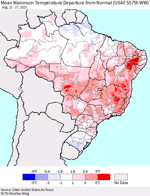 Brazil Mean Maximum Temperature Departure from Normal (USAF 557th WW) Thematic Map For 8/21/2023 - 8/27/2023