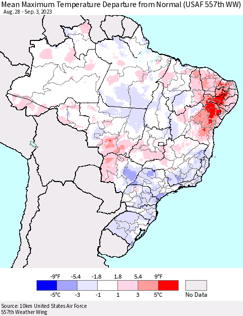 Brazil Mean Maximum Temperature Departure from Normal (USAF 557th WW) Thematic Map For 8/28/2023 - 9/3/2023