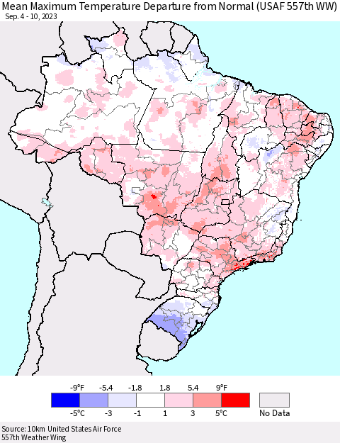 Brazil Mean Maximum Temperature Departure from Normal (USAF 557th WW) Thematic Map For 9/4/2023 - 9/10/2023