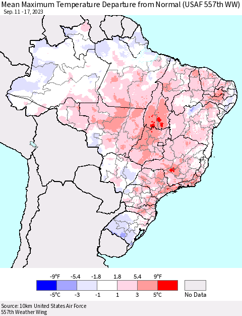 Brazil Mean Maximum Temperature Departure from Normal (USAF 557th WW) Thematic Map For 9/11/2023 - 9/17/2023