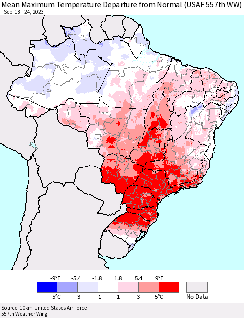 Brazil Mean Maximum Temperature Departure from Normal (USAF 557th WW) Thematic Map For 9/18/2023 - 9/24/2023