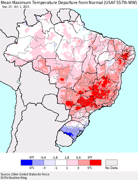 Brazil Mean Maximum Temperature Departure from Normal (USAF 557th WW) Thematic Map For 9/25/2023 - 10/1/2023