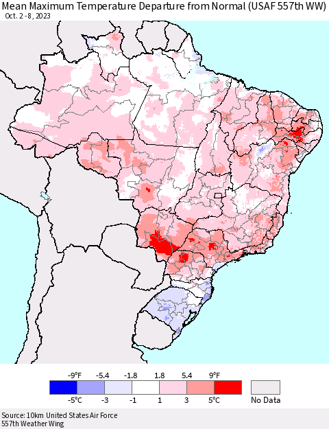 Brazil Mean Maximum Temperature Departure from Normal (USAF 557th WW) Thematic Map For 10/2/2023 - 10/8/2023