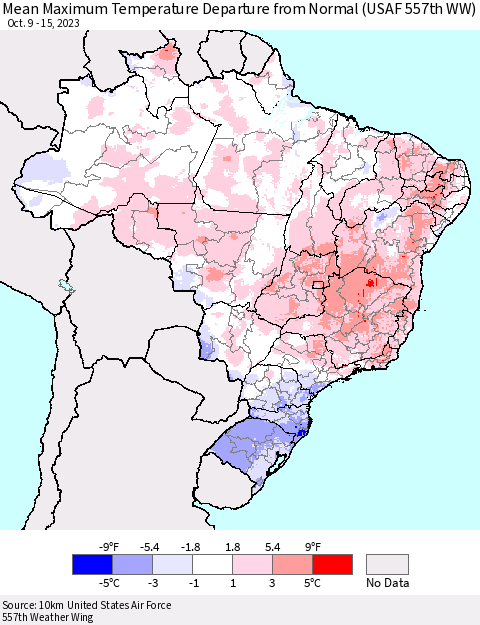 Brazil Mean Maximum Temperature Departure from Normal (USAF 557th WW) Thematic Map For 10/9/2023 - 10/15/2023