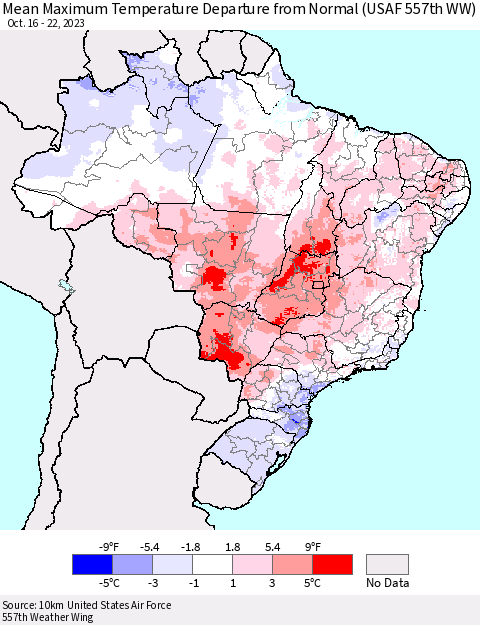 Brazil Mean Maximum Temperature Departure from Normal (USAF 557th WW) Thematic Map For 10/16/2023 - 10/22/2023