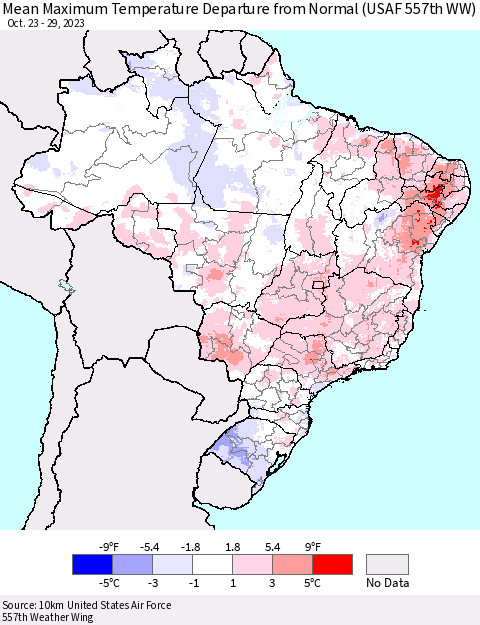 Brazil Mean Maximum Temperature Departure from Normal (USAF 557th WW) Thematic Map For 10/23/2023 - 10/29/2023