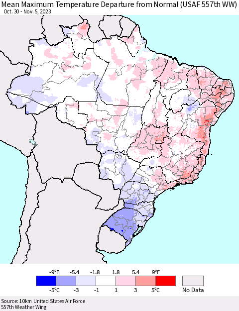 Brazil Mean Maximum Temperature Departure from Normal (USAF 557th WW) Thematic Map For 10/30/2023 - 11/5/2023