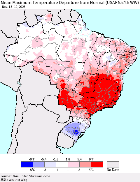 Brazil Mean Maximum Temperature Departure from Normal (USAF 557th WW) Thematic Map For 11/13/2023 - 11/19/2023