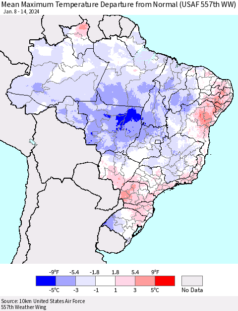 Brazil Mean Maximum Temperature Departure from Normal (USAF 557th WW) Thematic Map For 1/8/2024 - 1/14/2024