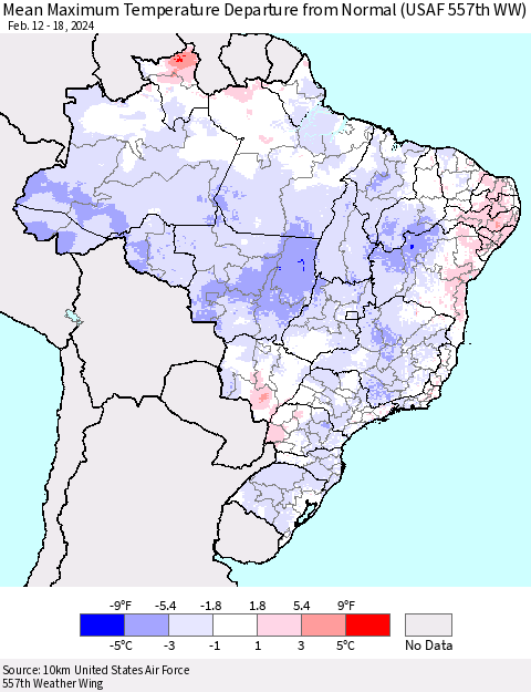 Brazil Mean Maximum Temperature Departure from Normal (USAF 557th WW) Thematic Map For 2/12/2024 - 2/18/2024