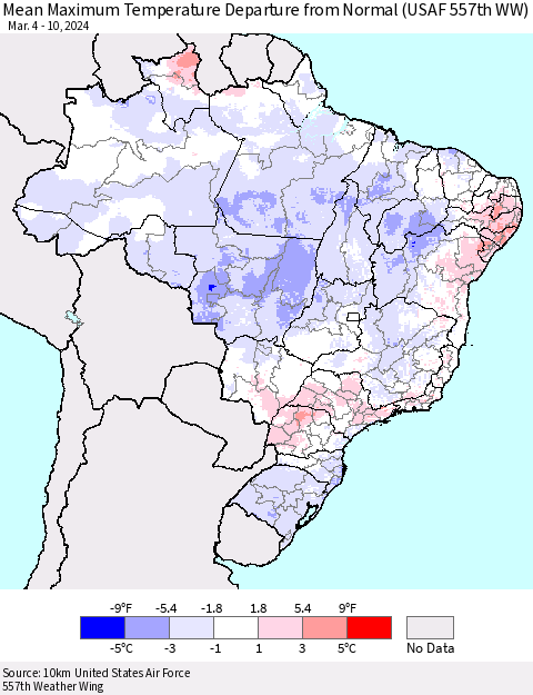 Brazil Mean Maximum Temperature Departure from Normal (USAF 557th WW) Thematic Map For 3/4/2024 - 3/10/2024