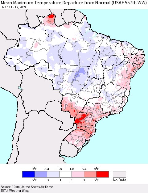 Brazil Mean Maximum Temperature Departure from Normal (USAF 557th WW) Thematic Map For 3/11/2024 - 3/17/2024