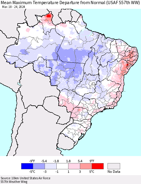 Brazil Mean Maximum Temperature Departure from Normal (USAF 557th WW) Thematic Map For 3/18/2024 - 3/24/2024
