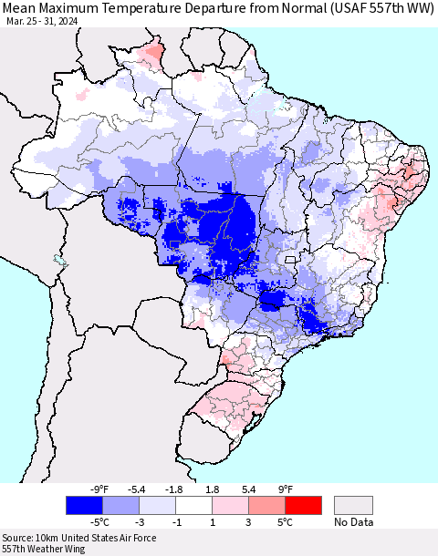 Brazil Mean Maximum Temperature Departure from Normal (USAF 557th WW) Thematic Map For 3/25/2024 - 3/31/2024