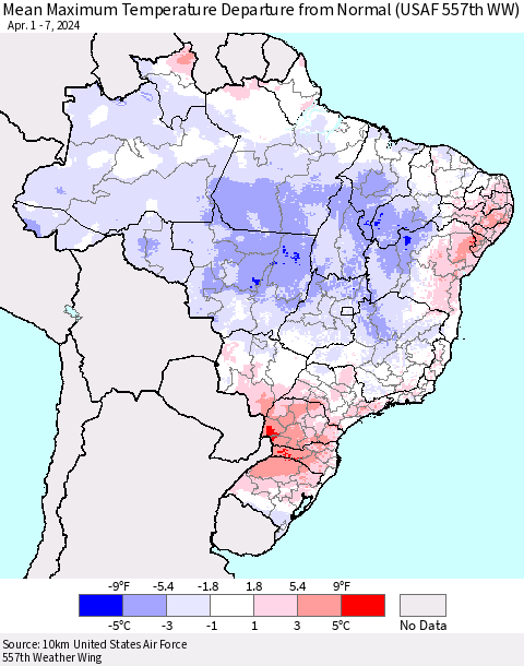 Brazil Mean Maximum Temperature Departure from Normal (USAF 557th WW) Thematic Map For 4/1/2024 - 4/7/2024