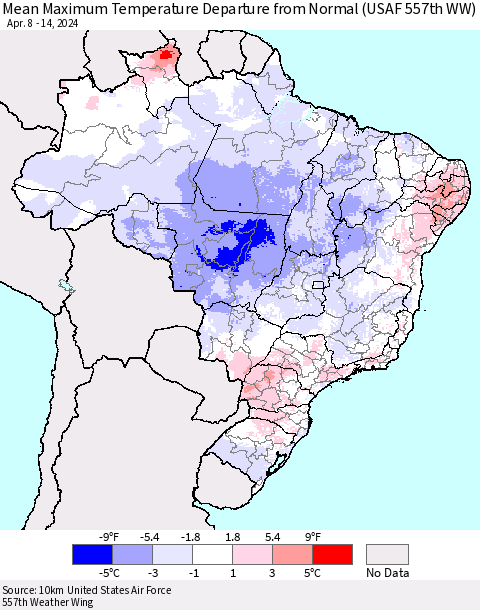 Brazil Mean Maximum Temperature Departure from Normal (USAF 557th WW) Thematic Map For 4/8/2024 - 4/14/2024