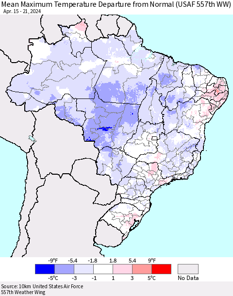Brazil Mean Maximum Temperature Departure from Normal (USAF 557th WW) Thematic Map For 4/15/2024 - 4/21/2024