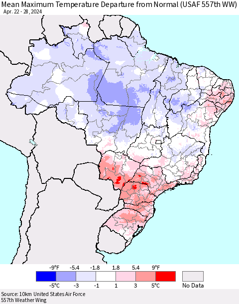 Brazil Mean Maximum Temperature Departure from Normal (USAF 557th WW) Thematic Map For 4/22/2024 - 4/28/2024
