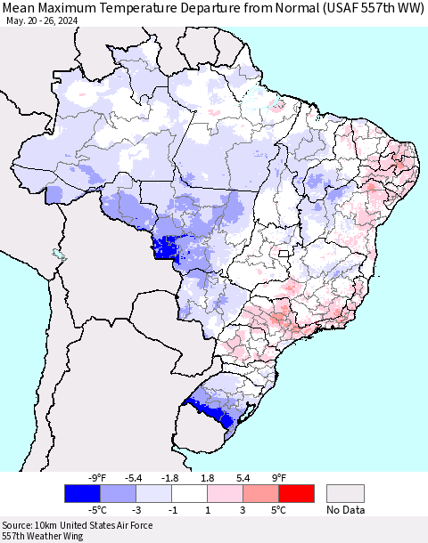 Brazil Mean Maximum Temperature Departure from Normal (USAF 557th WW) Thematic Map For 5/20/2024 - 5/26/2024