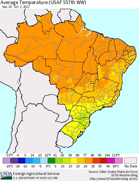 Brazil Average Temperature (USAF 557th WW) Thematic Map For 9/26/2022 - 10/2/2022