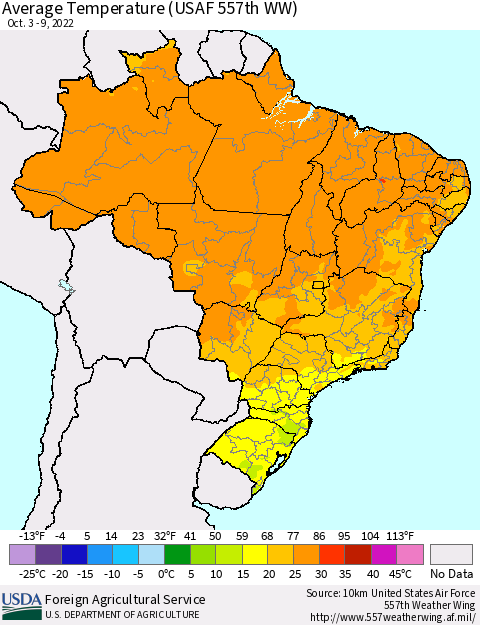 Brazil Average Temperature (USAF 557th WW) Thematic Map For 10/3/2022 - 10/9/2022