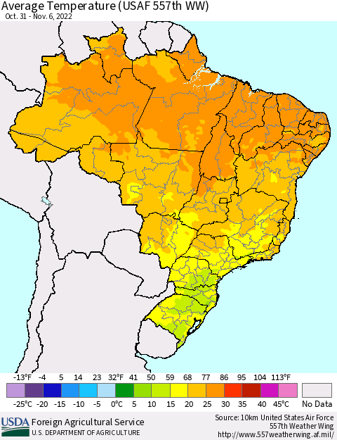 Brazil Average Temperature (USAF 557th WW) Thematic Map For 10/31/2022 - 11/6/2022