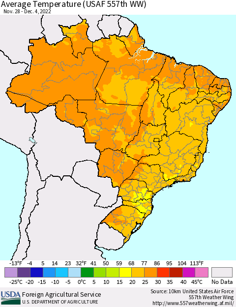 Brazil Average Temperature (USAF 557th WW) Thematic Map For 11/28/2022 - 12/4/2022