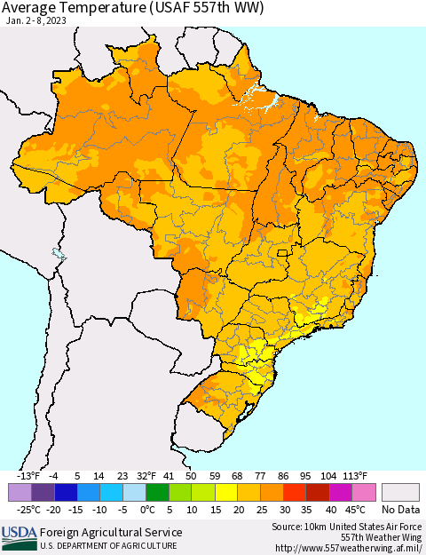 Brazil Average Temperature (USAF 557th WW) Thematic Map For 1/2/2023 - 1/8/2023