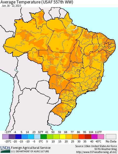 Brazil Average Temperature (USAF 557th WW) Thematic Map For 1/16/2023 - 1/22/2023