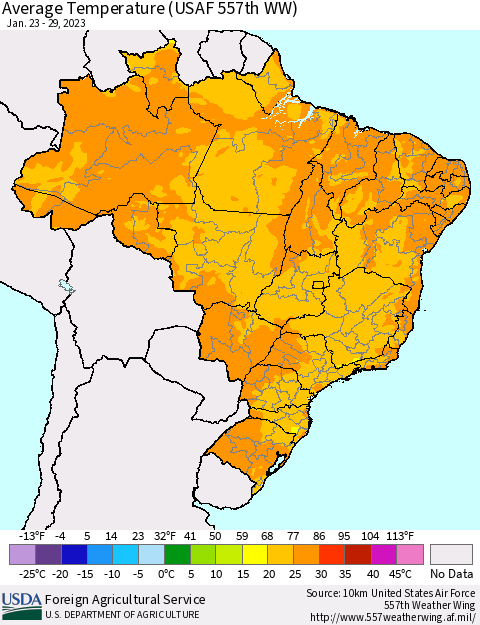 Brazil Average Temperature (USAF 557th WW) Thematic Map For 1/23/2023 - 1/29/2023