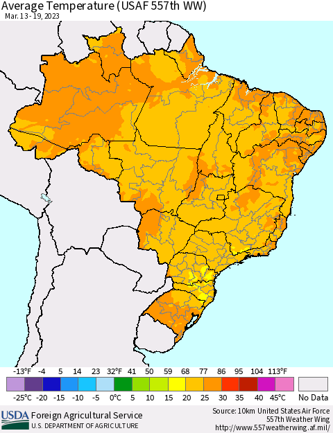 Brazil Average Temperature (USAF 557th WW) Thematic Map For 3/13/2023 - 3/19/2023