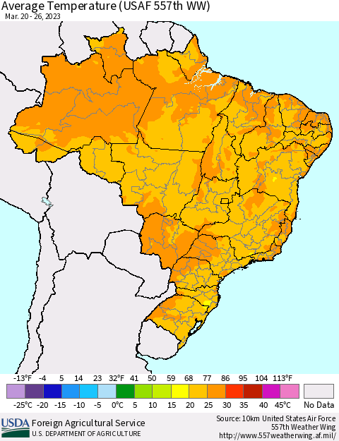 Brazil Average Temperature (USAF 557th WW) Thematic Map For 3/20/2023 - 3/26/2023