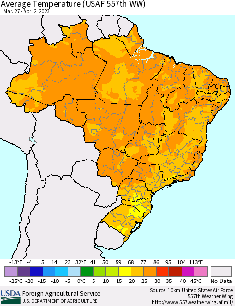 Brazil Average Temperature (USAF 557th WW) Thematic Map For 3/27/2023 - 4/2/2023