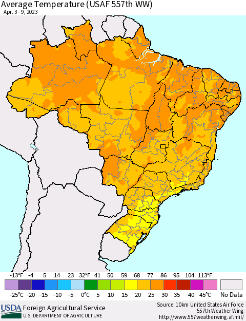 Brazil Average Temperature (USAF 557th WW) Thematic Map For 4/3/2023 - 4/9/2023