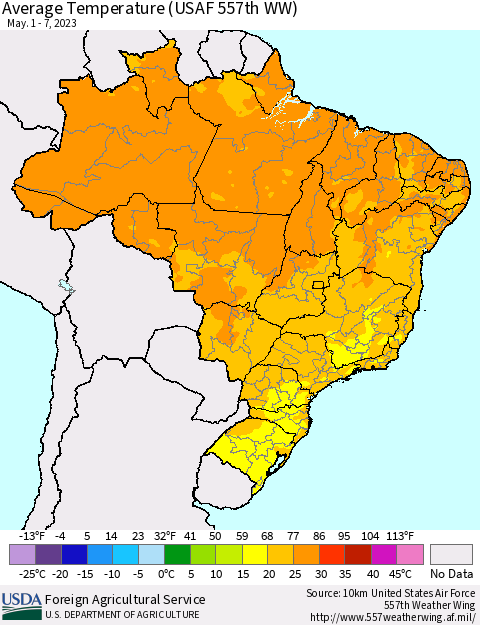 Brazil Average Temperature (USAF 557th WW) Thematic Map For 5/1/2023 - 5/7/2023