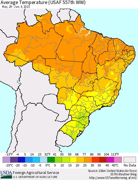 Brazil Average Temperature (USAF 557th WW) Thematic Map For 5/29/2023 - 6/4/2023