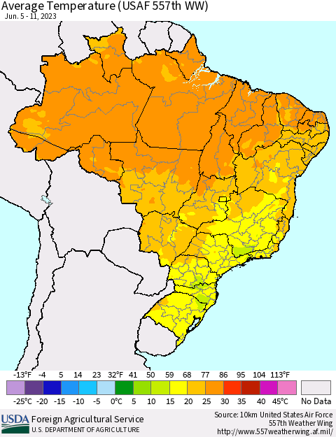 Brazil Average Temperature (USAF 557th WW) Thematic Map For 6/5/2023 - 6/11/2023