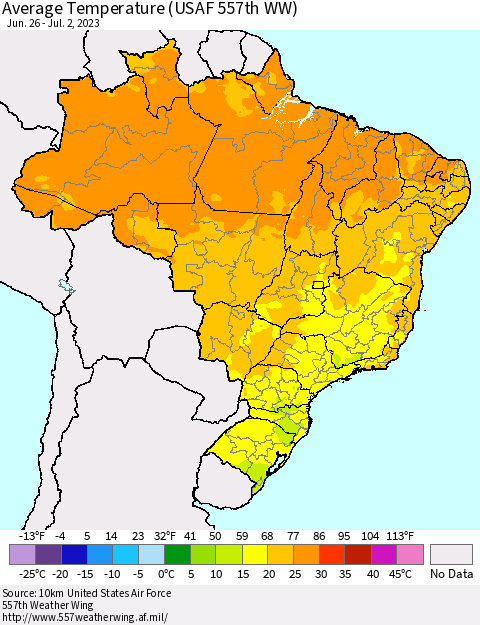 Brazil Average Temperature (USAF 557th WW) Thematic Map For 6/26/2023 - 7/2/2023
