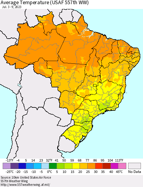 Brazil Average Temperature (USAF 557th WW) Thematic Map For 7/3/2023 - 7/9/2023