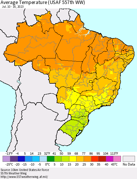 Brazil Average Temperature (USAF 557th WW) Thematic Map For 7/10/2023 - 7/16/2023
