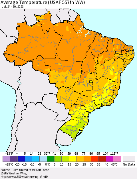 Brazil Average Temperature (USAF 557th WW) Thematic Map For 7/24/2023 - 7/30/2023